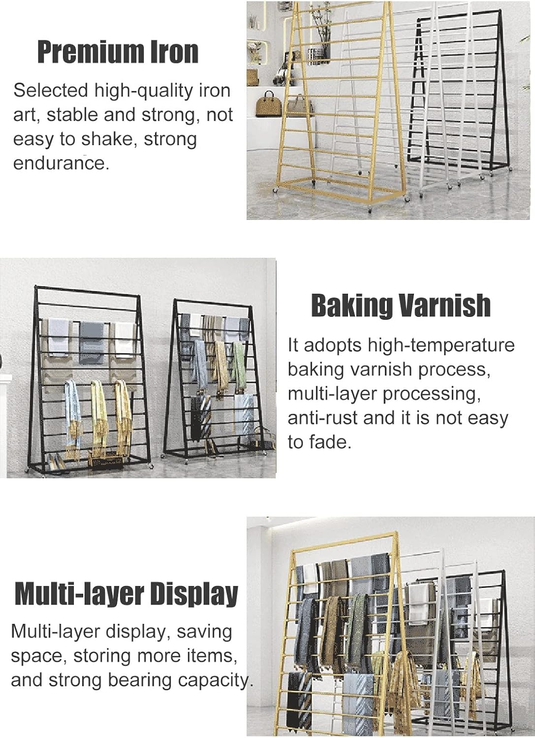 Rolling Scarf Rack Display Stand on Wheels, Floor Standing Metal Scarf Multi-Purpose Holder Organizer for Shawl/Belts/Ties/Pants/Cloths, Large Capacity (Black)