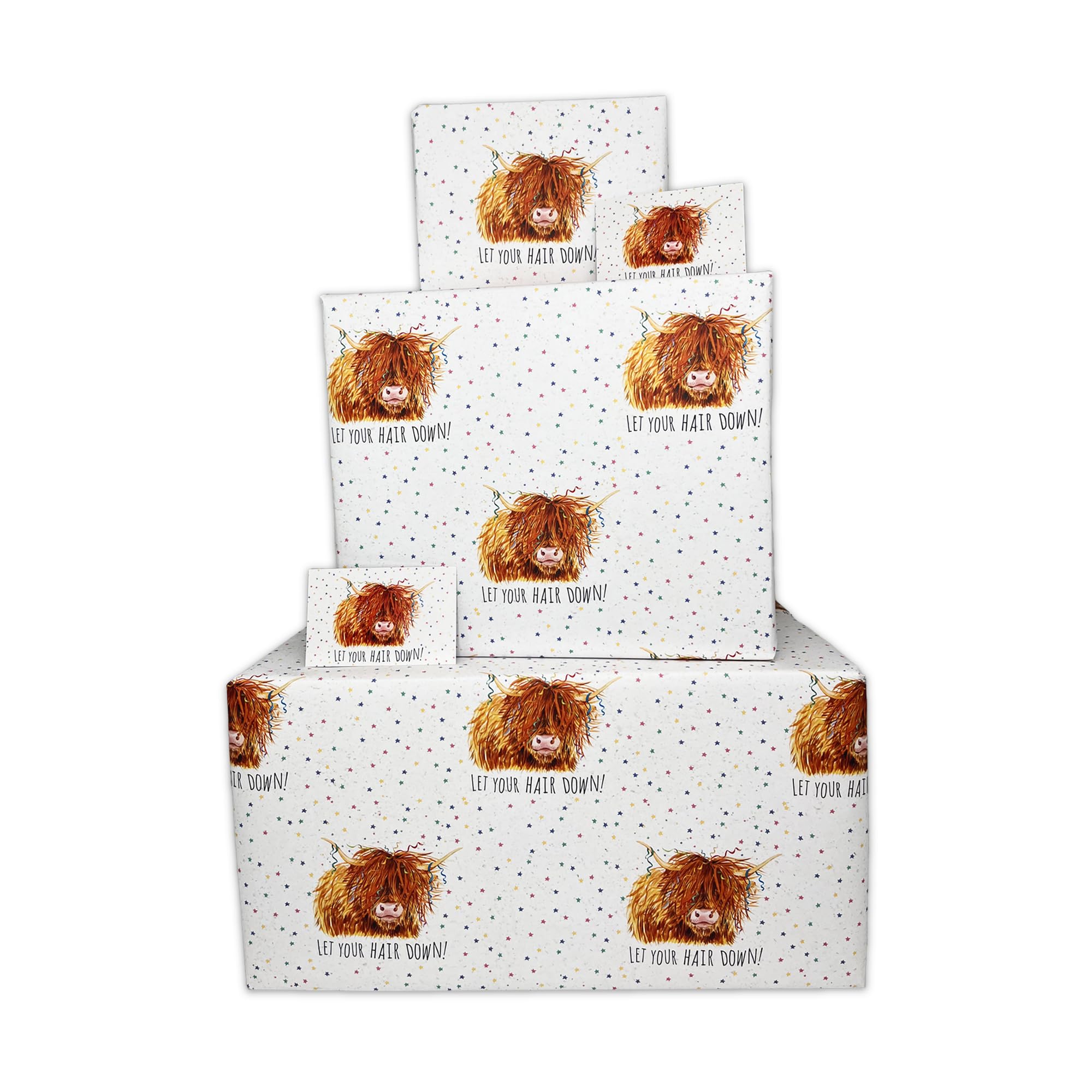 Twizler Womens Birthday Wrapping Paper & Matching Card for Her - Scottish Highland Cow - 6 Sheets & 6 Tags & Matching Card - 70cm x 50cm Folded Sheets - Funny Gift Wrap