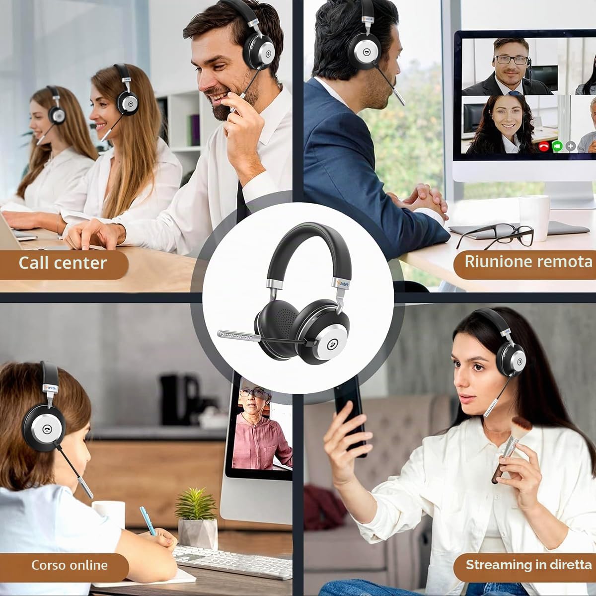 Wantek Cuffie senza fili Bluetooth con microfono dongle USB senza fili con microfono, dongle USB per PC/Ufficio/Zoom/Skype/Laptop