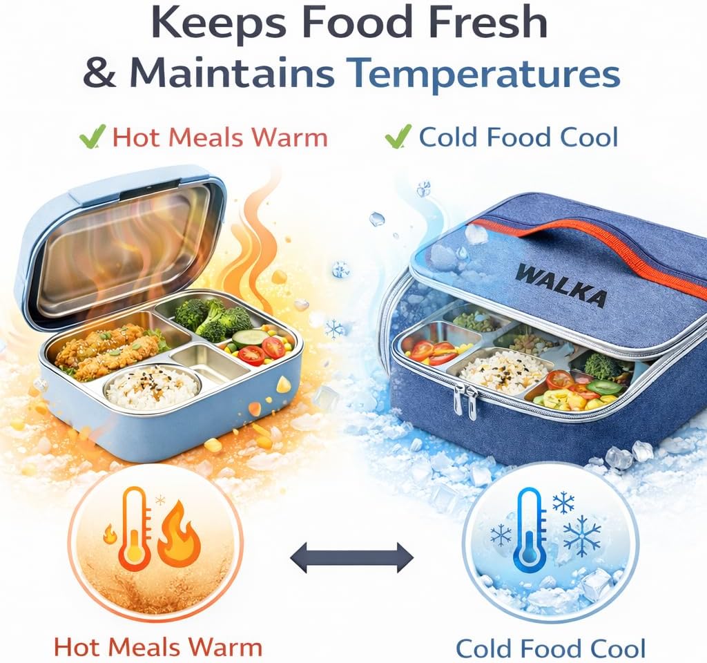 WALKA Stainless Steel Lunch Box for Adults – Leakproof 4 Compartment Metal Bento Box with Insulated Lunch Bag, 304 Food Grade Steel, BPA-Free, Dishwasher Safe (Blue)