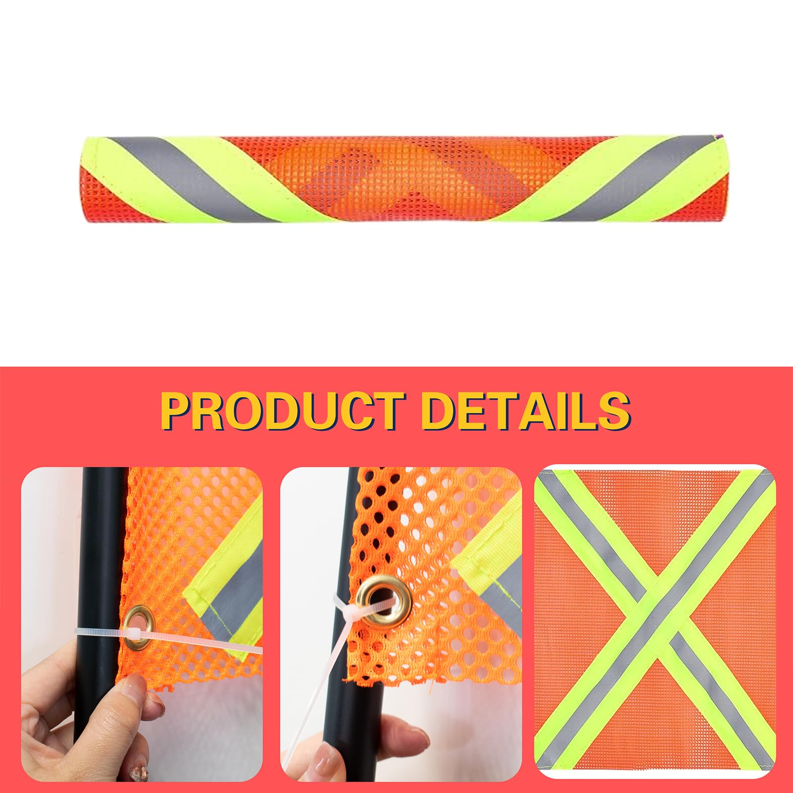 4 Pièces Drapeau de Sécurité Orange,46x46 cm Drapeau d'Avertissement en Maille avec Bandes Réfléchissantes et Serre Câbles,pour Voiture Caravane Remorque Porte Vélos