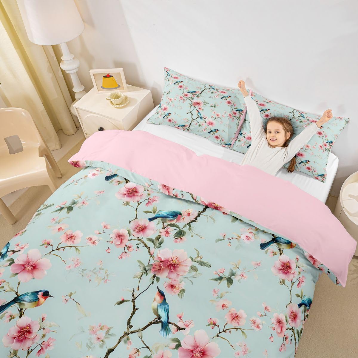 Parure de lit enfant rose et couverture oiseaux thermorégulatrice pour lit S