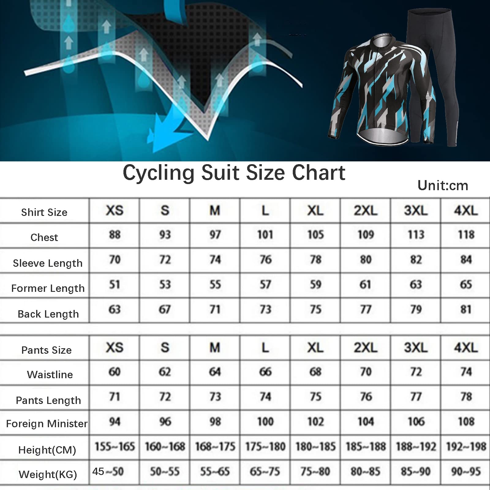 Traje de Ciclismo de Manga Larga para Hombre, Pantalones de Ciclismo elásticos Ajustados con Acolchado de Gel 3D, Ropa de Ciclismo al Aire Libre y de Bicicleta de montaña