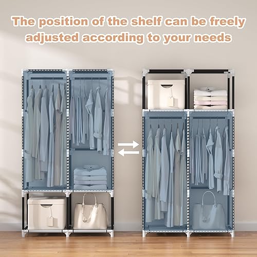 Miniatura 7 de VTRIN Armario portátil para colgar ropa con 4 estantes de almacenamiento, 2 varillas para colgar y 6 bolsillos, estante de ropa estable y de fácil