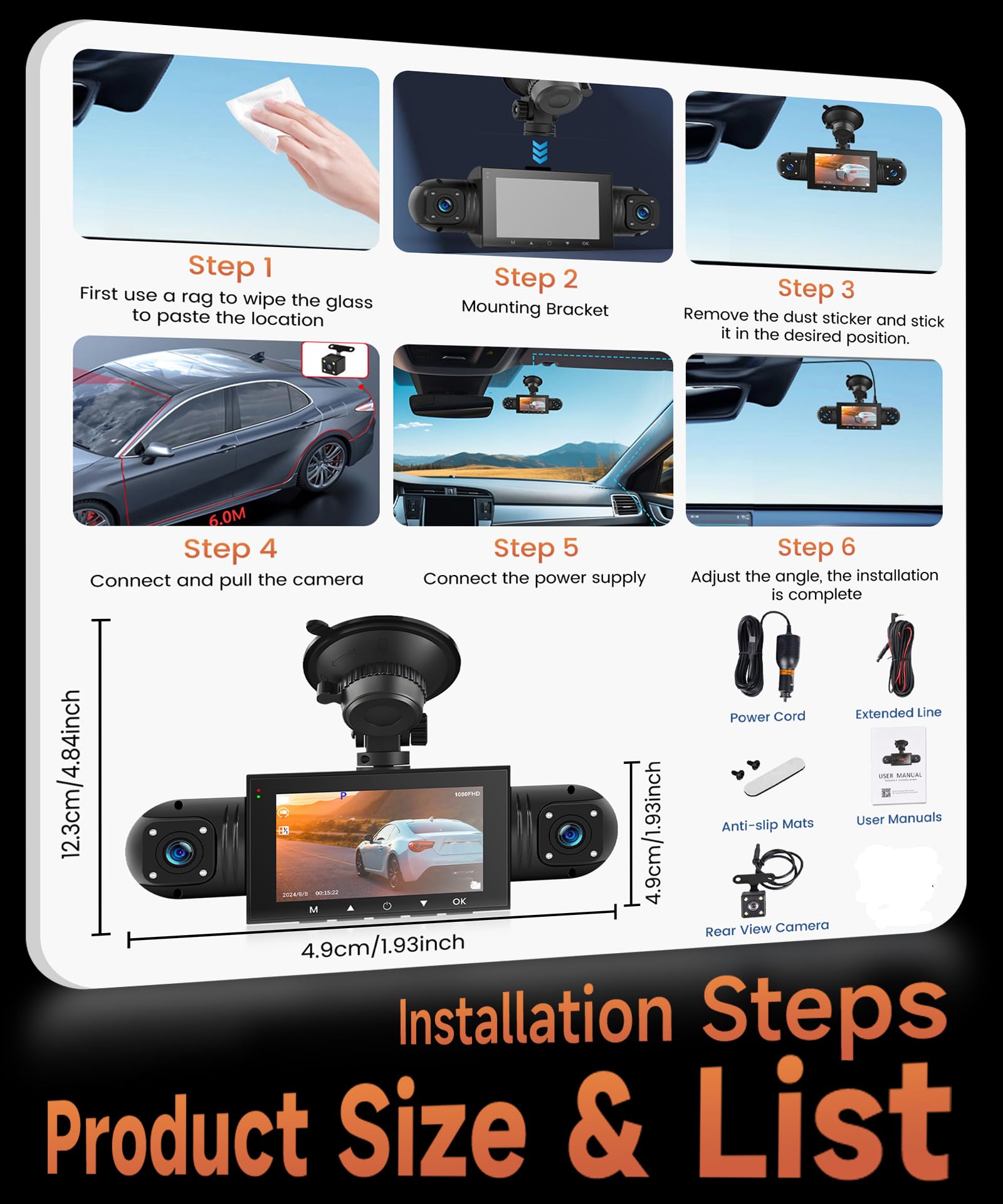 Rimoody 360° 4 Canali Dashcam Auto, 4 Telecamera HD 1080P Anteriore e Posteriore Sinistra Destra, 3 Pollici 1080P Dash Cam con 8 IR Visione Notturna/Loop video/24H Parcheggio Monitor/G-Sensore