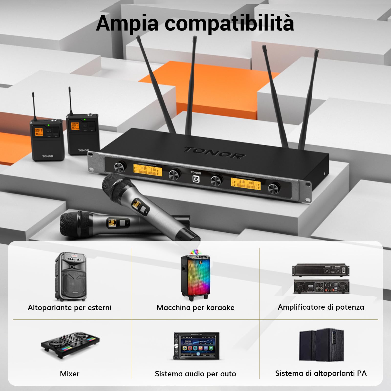 TONOR Sistema microfonico wireless UHF, Microfono palmare/Microfono archetto/Lavalier Microphone, Trasmettitore Bodypack, Ricevitore Metallo 4x5 frequenze, 90M per Chiesa Karaoke Canto, 4 canali