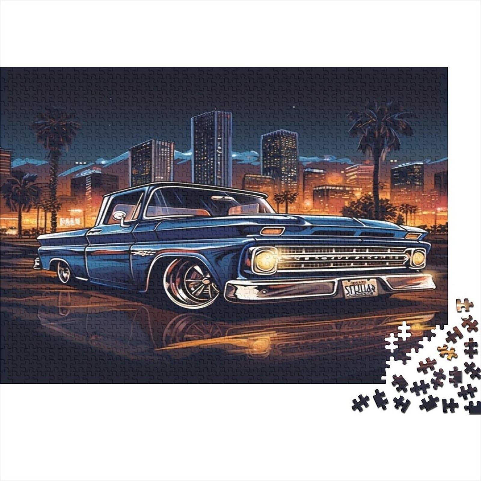 Classic Blue Car City Night Scene 1000 Piece Jigsaw Puzzle Paper for Adults