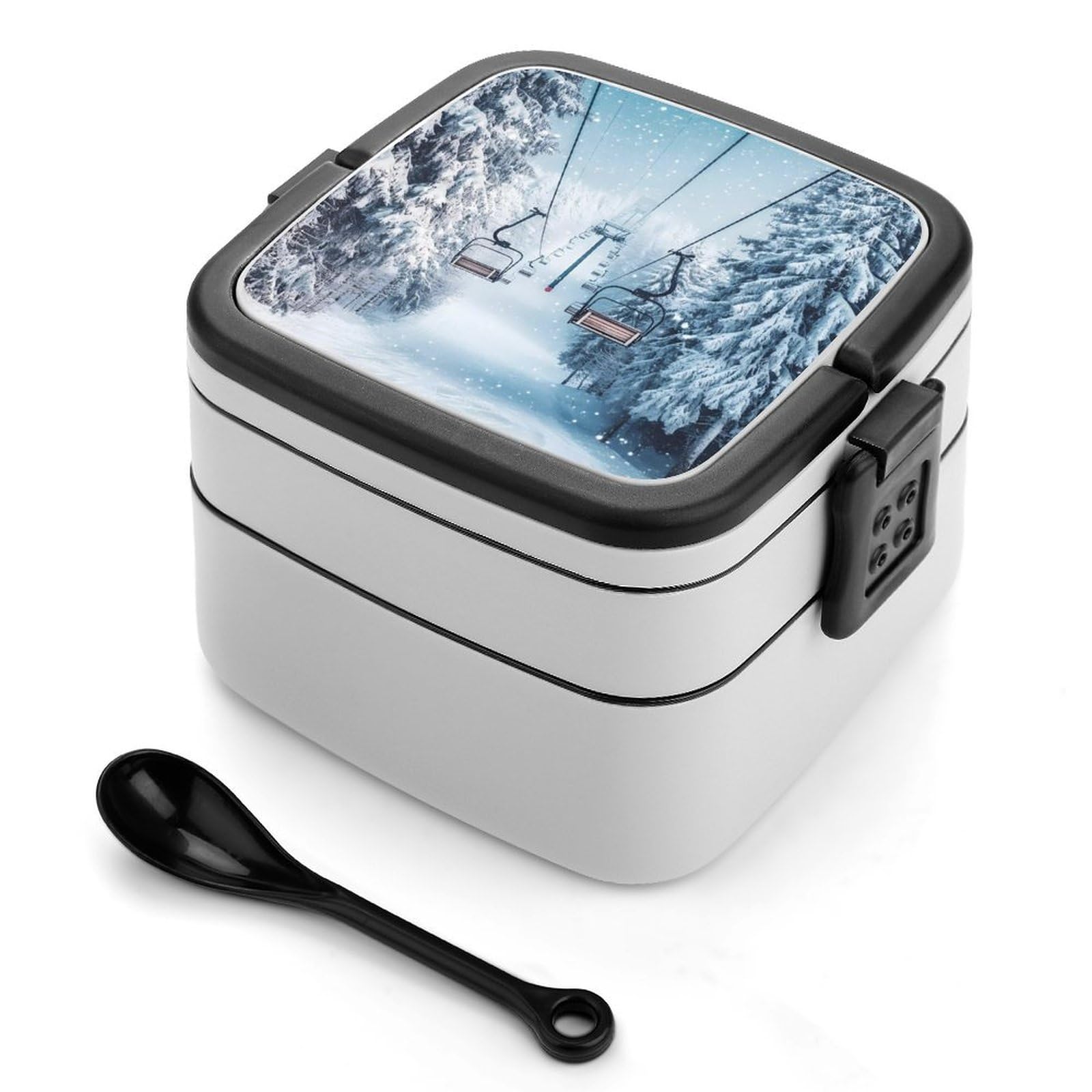 CGSBNGHA Winter Snowy Ski Skiing Lift Forests Bento Lunch Box 2 Layer Lunchbox Food Container for Adults Office