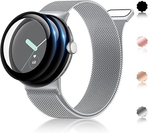 Miniatura 2 de TUNKARMOR Correa de reloj Google Pixel 2022 con 2 protectores de pantalla de reloj cierre magnético ajustable de malla de acero inoxidable