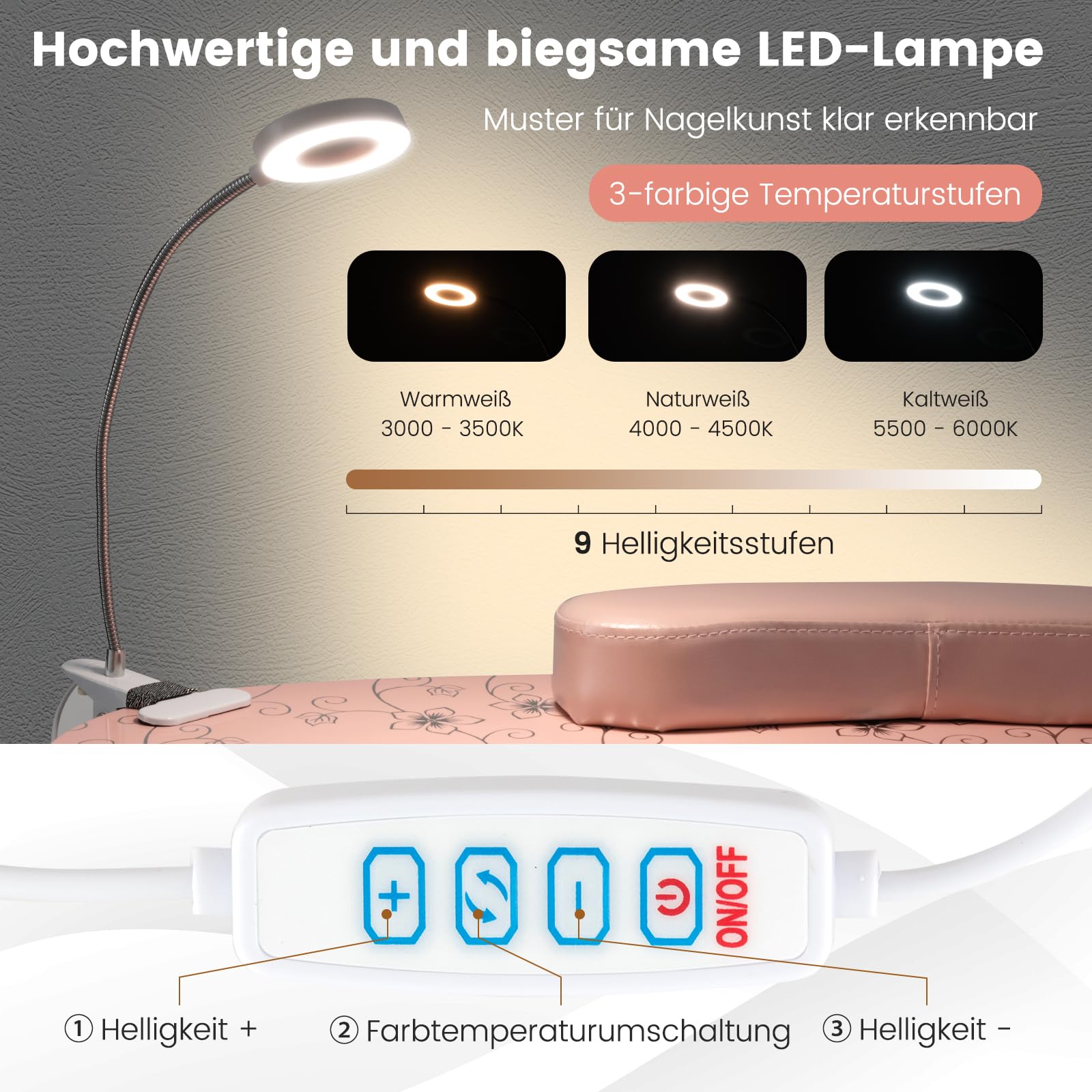 COSTWAY składany stół do manicure z elektrycznym odkurzaczem, lampą LED, podłokietnikiem, torbą do transportu i rolkami, stół do manicure w marmurowym wyglądzie (różowy)