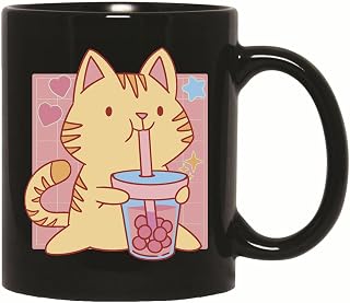 Boba Tea Cat Cartoon Gift for Pet Lovers Cute Cat Drinking Bubble Tea 11oz 15oz Black Coffee Mug