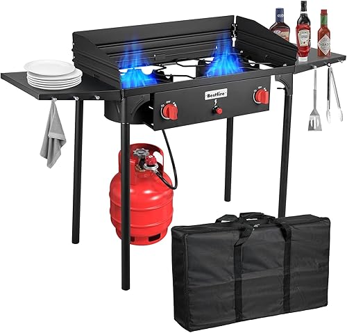 Bestfire Estufa de camping de 2 quemadores con panel de viento y estantes laterales, bolsa, botón de encendido automático, regulador, estufa de