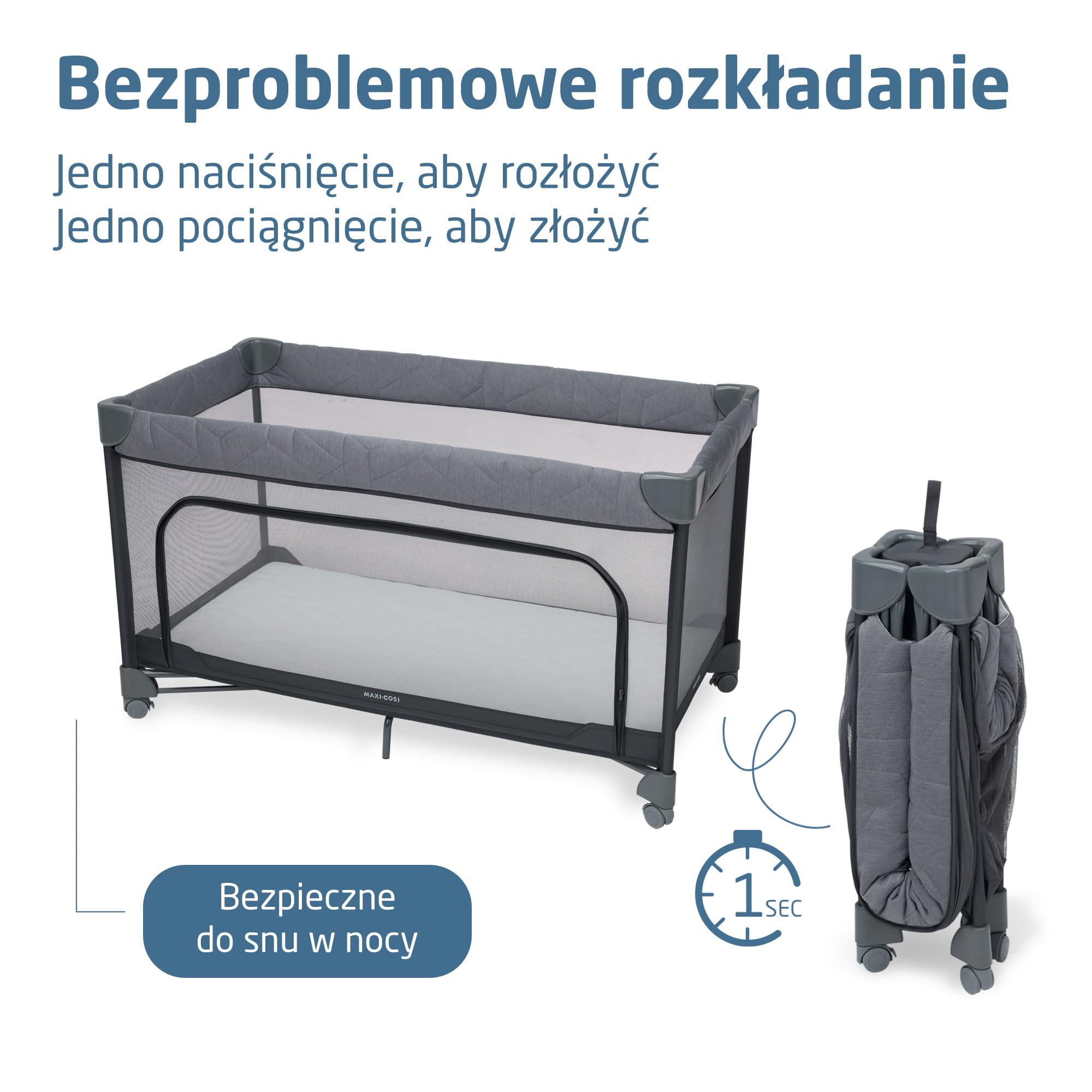 Maxi-Cosi Merlin, Łóżeczko Turystyczne & Plac Zabaw 2 w 1, 0–4 lat, do 18 kg, Łóżeczko Podróżne, Składa Się w 1 Sekundę, Materac CloudCore 120x60 cm, Boczne Wejście, 4 Kółka, Elegance Graphite