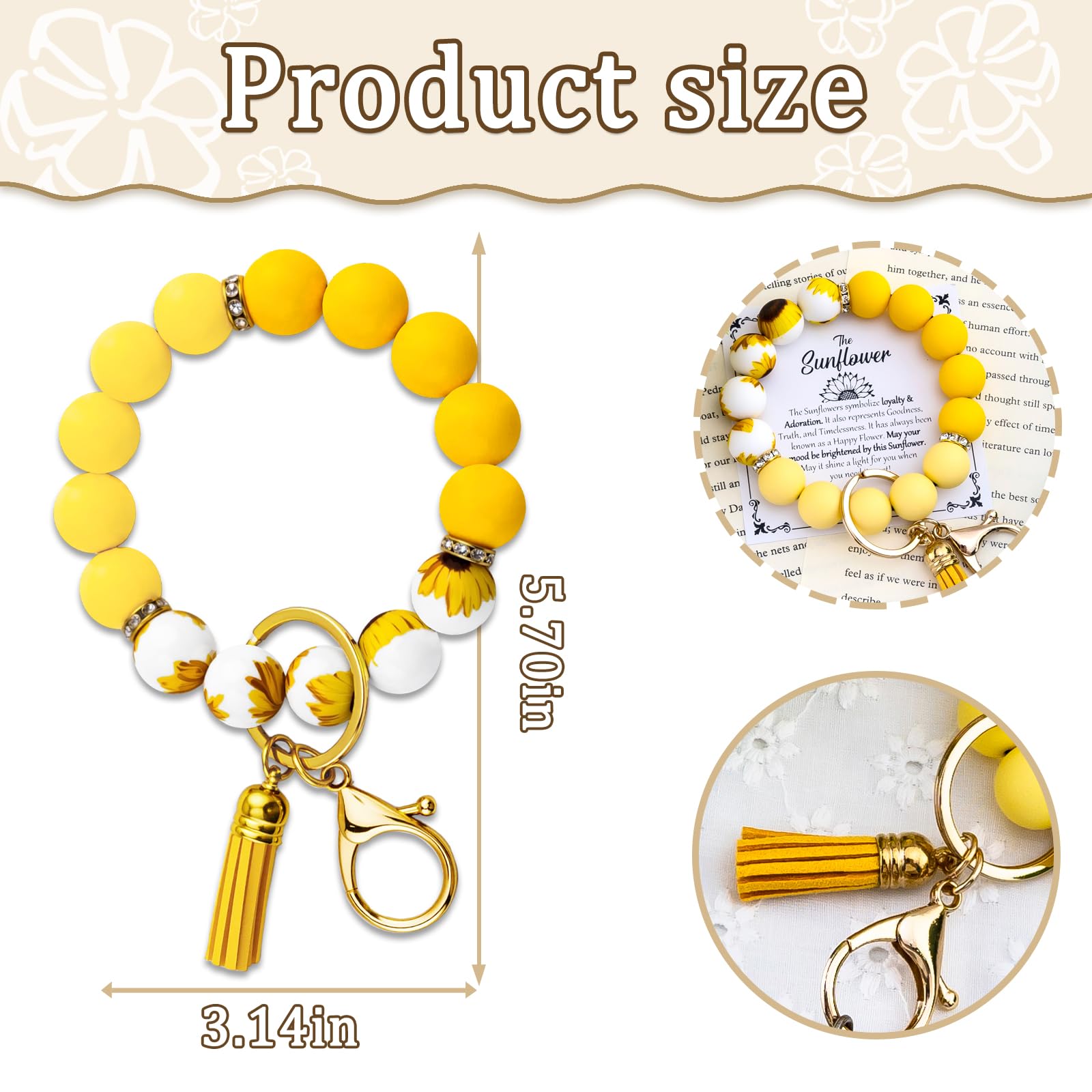 Sunflower Bracelet Gifts for Women Yellow Gifts for Women Sunflower Car Accessories Silicone Beaded Wristlet Keychain Yellow Sunflower Bracelet for Sunflowers Lovers
