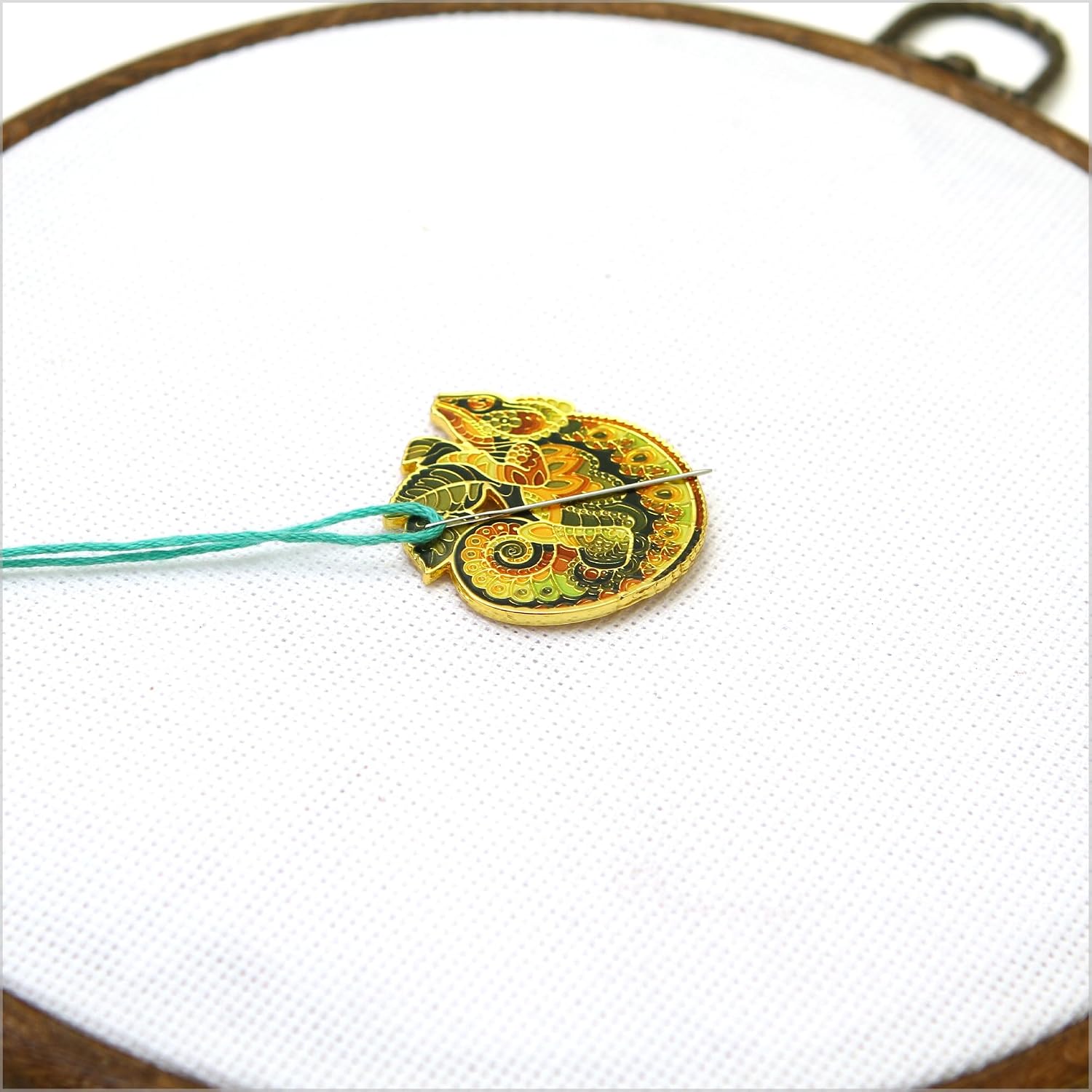 Awesome Pattern Studio Needle Minder Set - Mandala Chameleon Magnetic Needle Minder + 2 Needle Threaders + Crane Scissors. Enamel Pin for Cross Stitch, Embroidery and Craft
