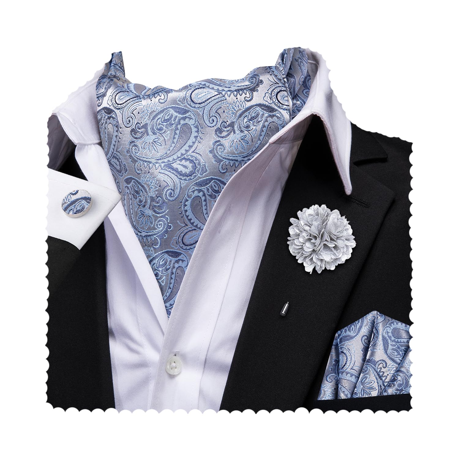 Hi-Tie Silk Ascot for Men Self Tie Men's Cravat and Flower Lapel Pin Handkerchief Cufflinks Set for Wedding Party