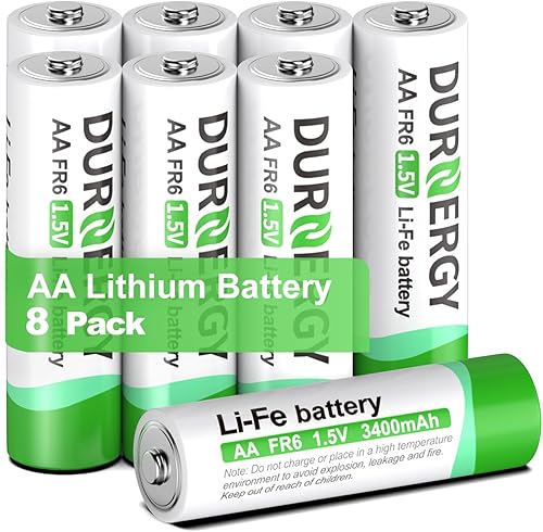 DURNERGY Baterías de litio AA, paquete de 8 baterías de litio AA, batería doble A de 1.5 V FR6, baterías de litio AA de mayor duración de 3400 mAh