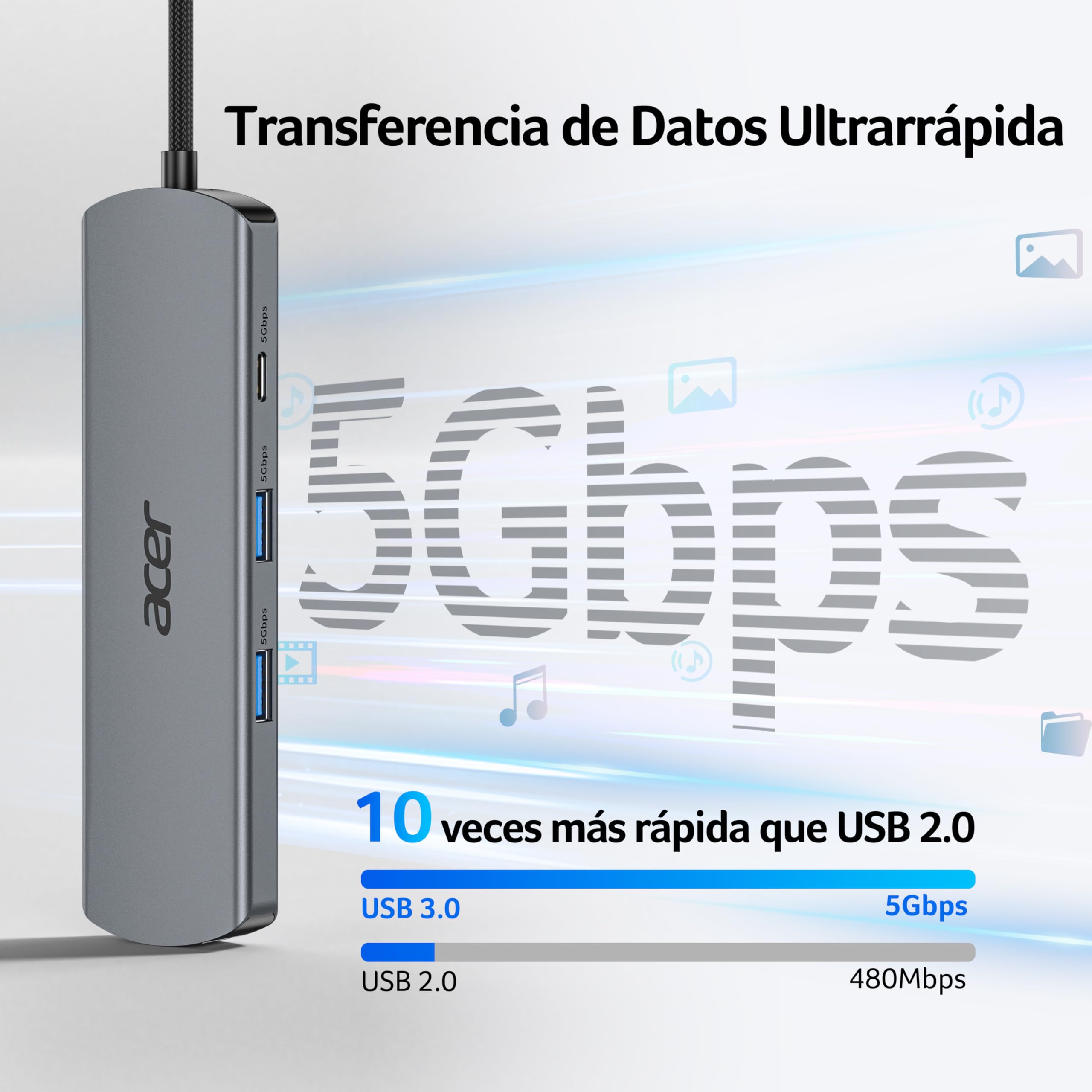 acer Hub USB C Ethernet de 1000Mbps, Adaptador HDMI 4K@60Hz, 1*USB-C 5 Gbps, 2*USB-A 3.0, PD 100W, Docking Station Multipuerto para iPhone 17/16, MacBook iPad Pro, Mac, Surface, Galaxy S25/26, etc.