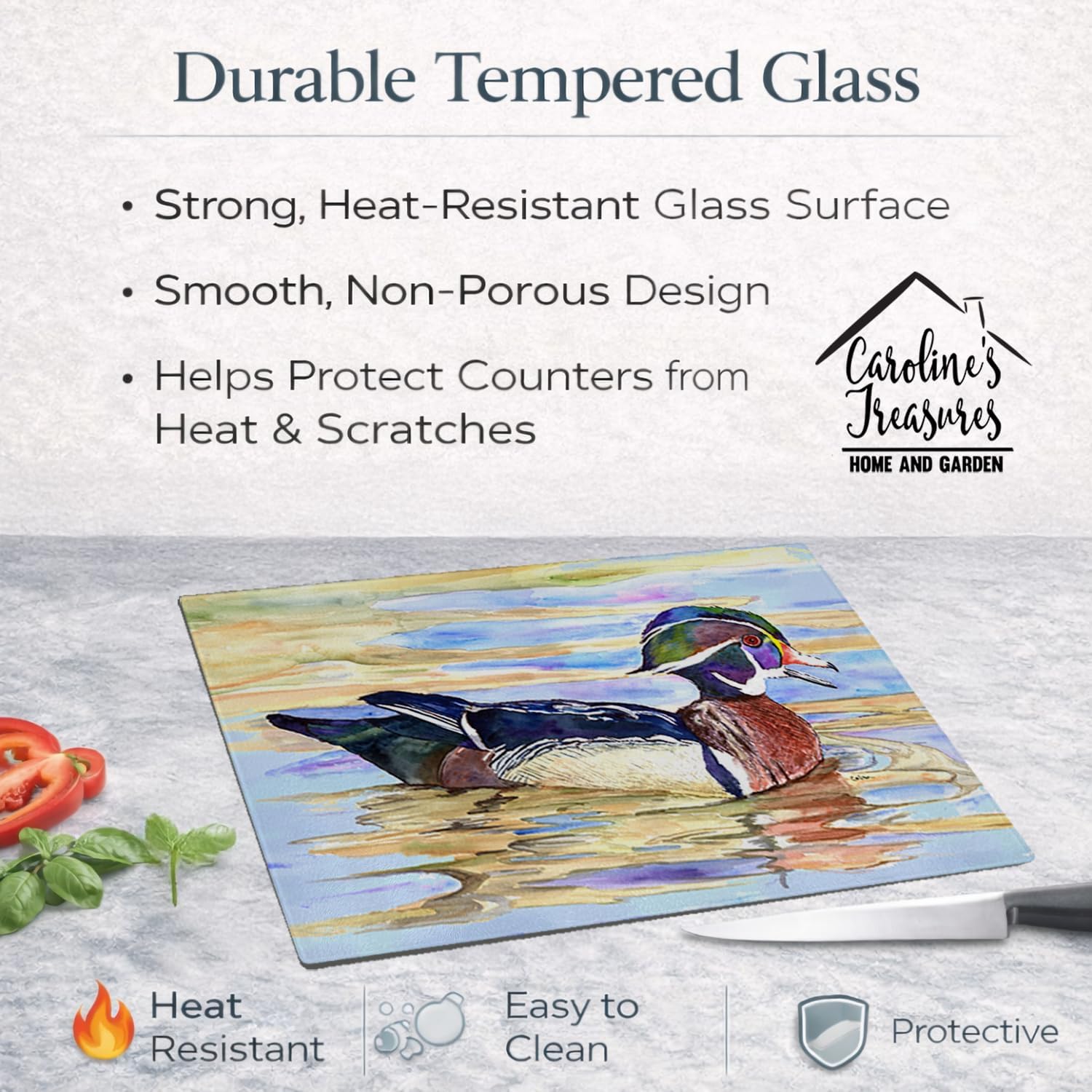 Caroline's Treasures 8831LCB Wood Duck Glass Cutting Board Large Decorative Tempered Glass Kitchen Cutting and Serving Board Large Size Chopping Board