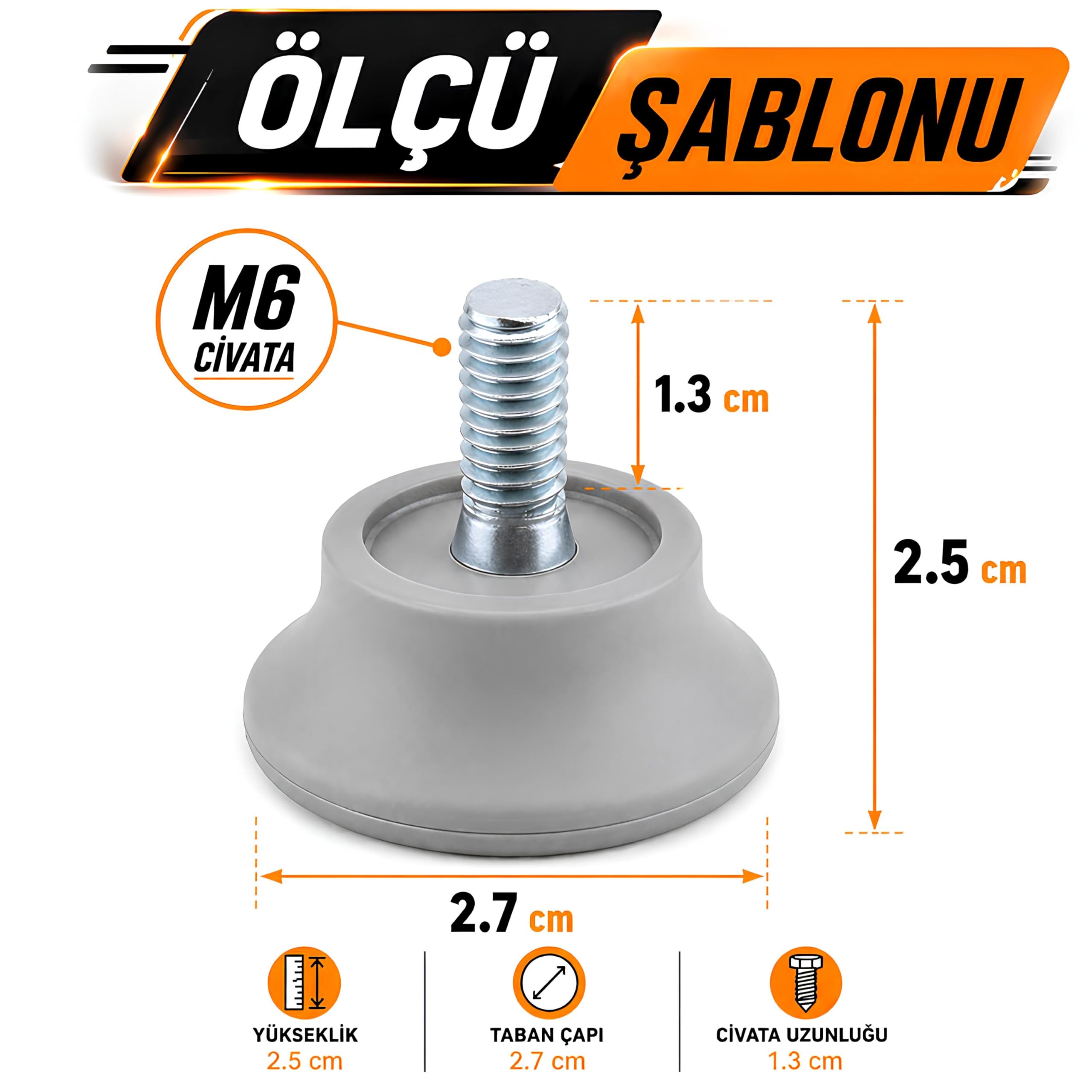 10 ADET Bingo Rotil Ayak M6 Civatalı 6 mm Gri Profil Ayağı Ayakları 2.5 Cm