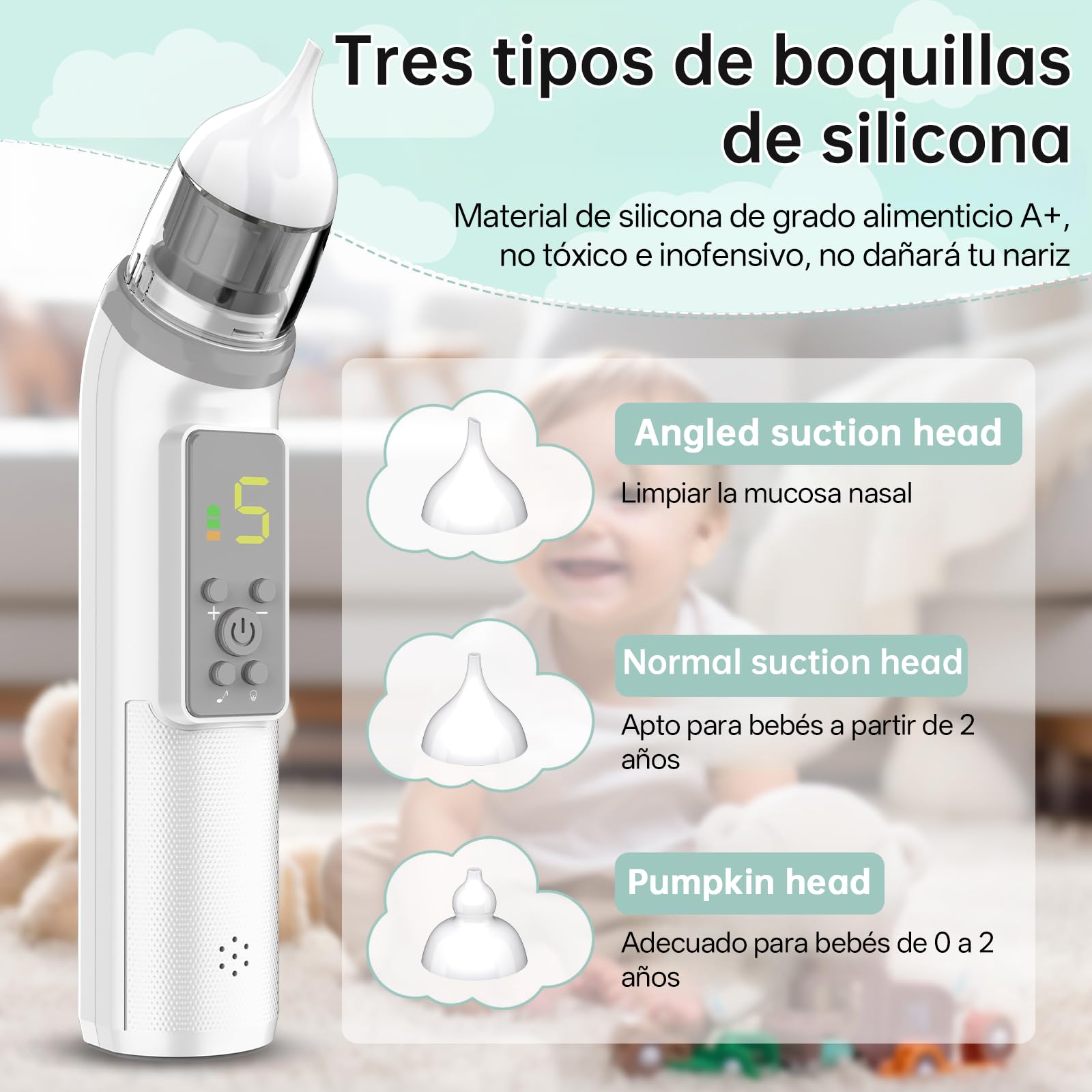 Aspirador Nasal para Bebés, Aspirador Nasal Eléctrico para Bebés con 5 Niveles de Succión, 3 Niveles de Succión Ajustable, Función de Música y Luz Calmante, Recargable, Ruido Bajo — view 3