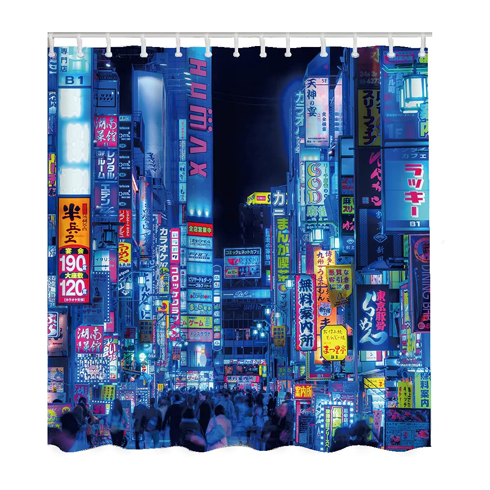 WONDERTIFY Tokyo Billboards Shower Curtain Shikoku's Kabuki-Cho District Neon Light City Ad Signs Waterproof Shower Curtains for Bathroom with 12 Grommet Hooks 60X72 Inch
