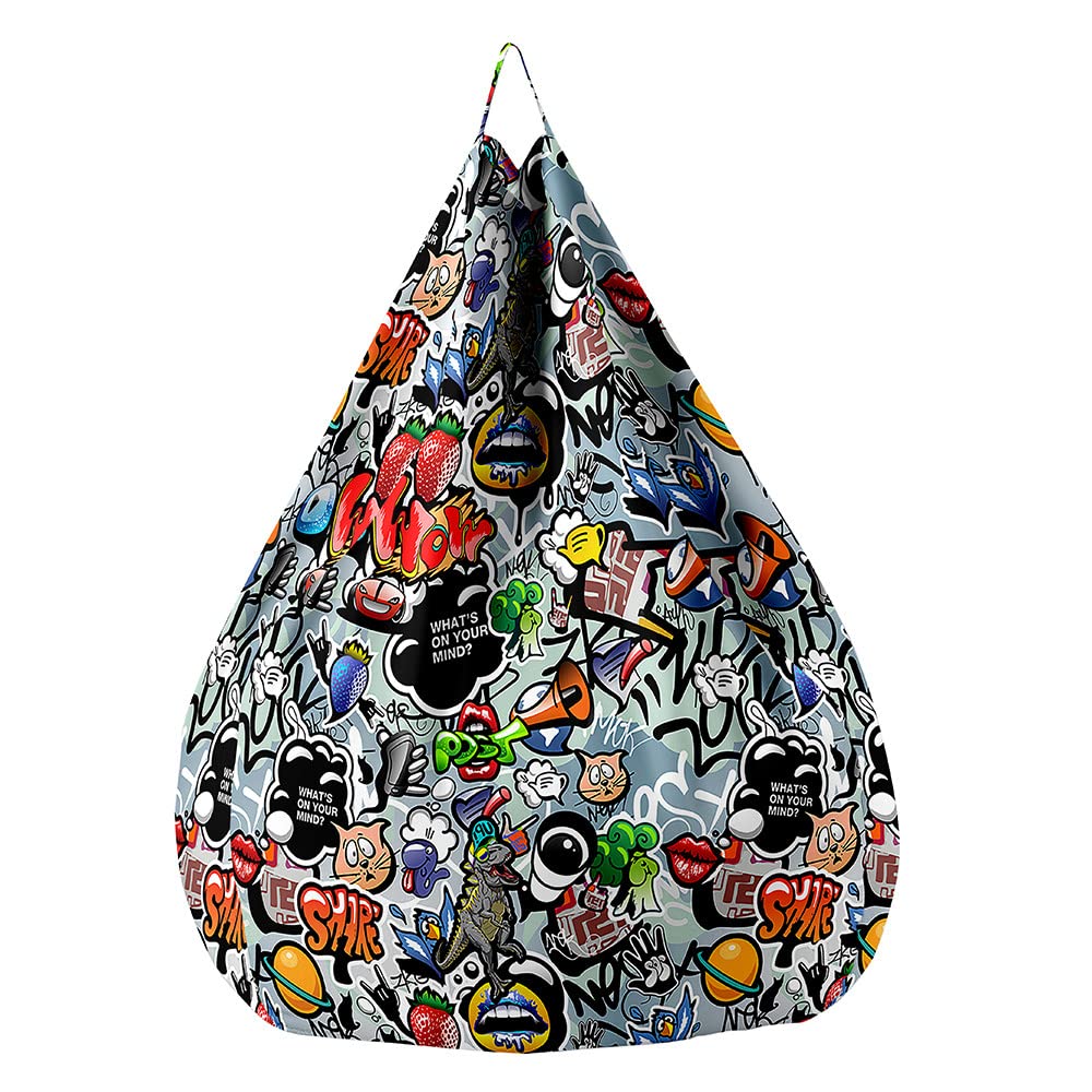 Fodera per Pouf a Sacco per Adulti e Bambini, Hip -Hop Graffiti Stampa Copertura per Poltrona Sacco con Cerniera e Senza Imbottitura, Pouf a Forma di Pera Bean Bag Cover (90x110 cm,Grigio)