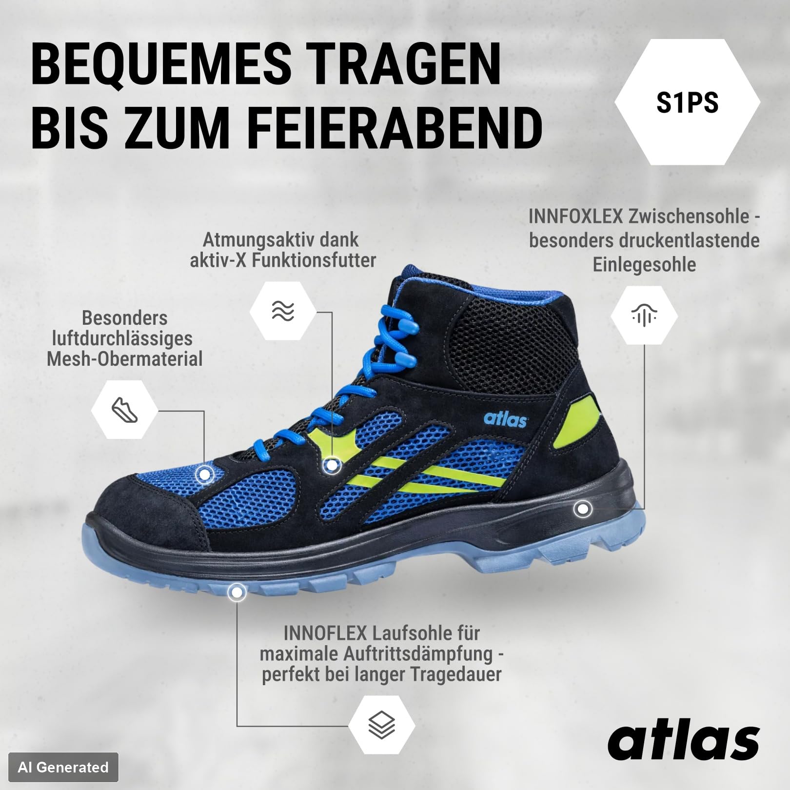 Atlas Flash 8205 XP ESD S1P Sicherheitsschuhe, Mesh-Obermaterial, Aluminiumkappe, XP Durchtrittschutz, Rutschhemmend, ESD