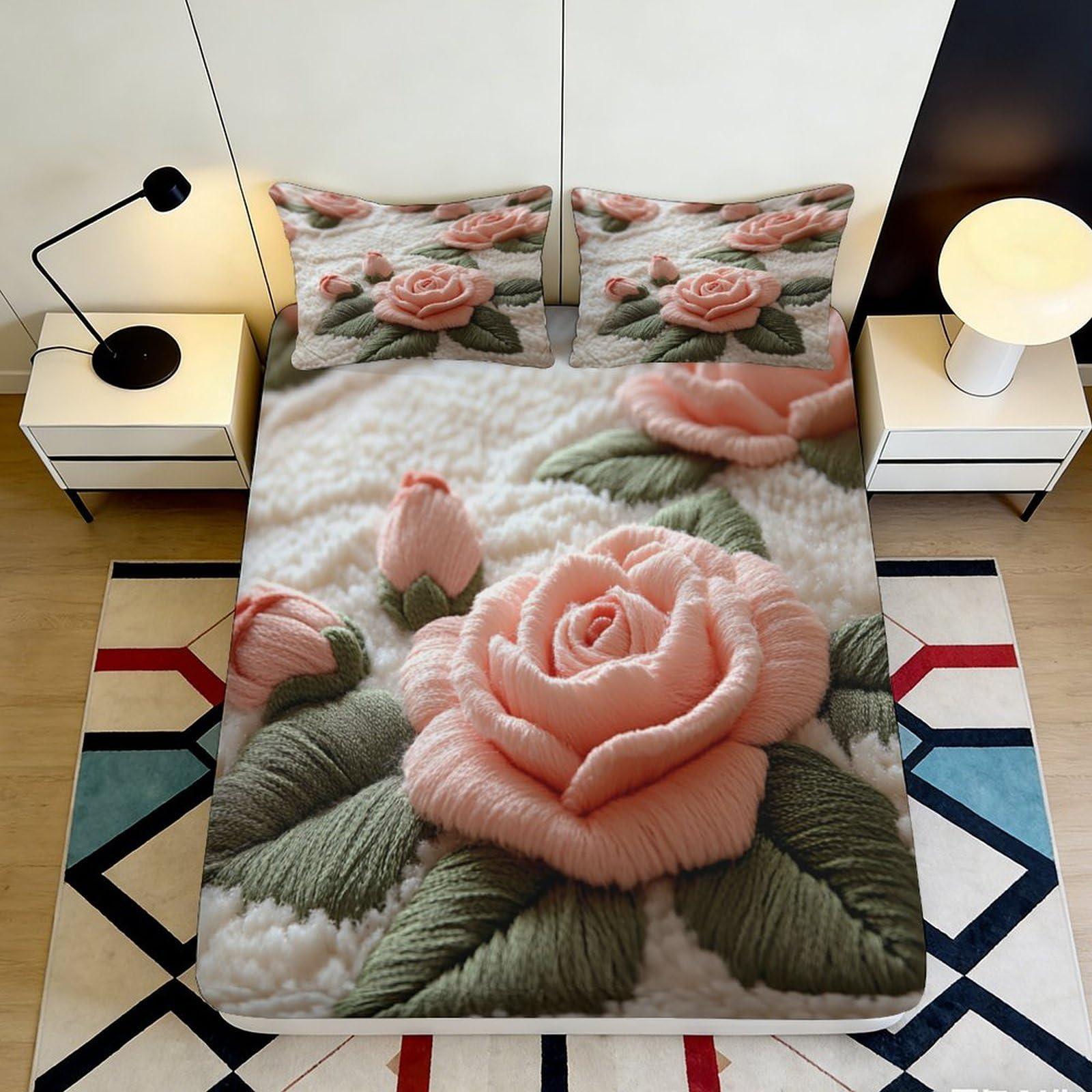 3D Printed Rose Pattern Fitted Sheet Microfiber Deep Pocket Bedroom Bedding Rose Mattress Fitted Cover Washable 90x200x25cm
