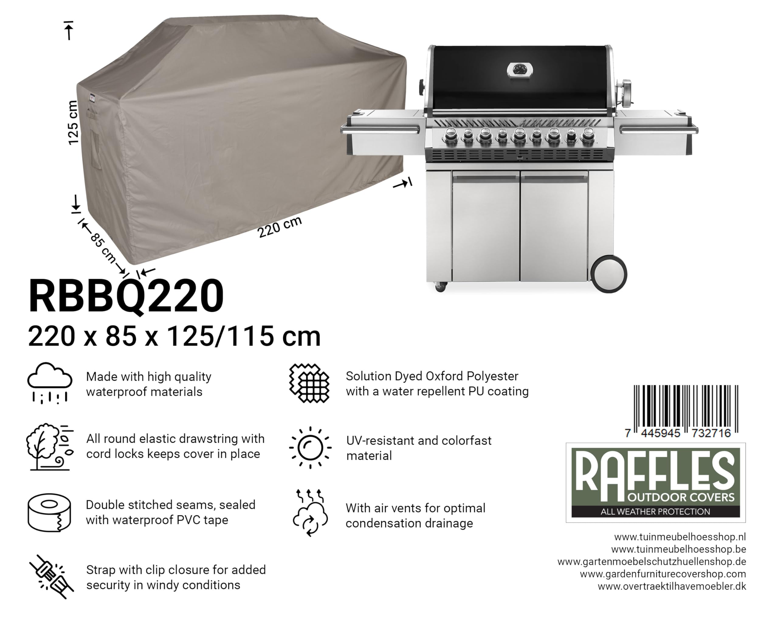 Abdeckhaube für Gasgrill 220 x 85 H: 125/115 cm | Atmungsaktiv | Wasserdicht | UV - beständig | Doppelt genähte, PU-versiegelte Naht | Elastischer Kordelzug |