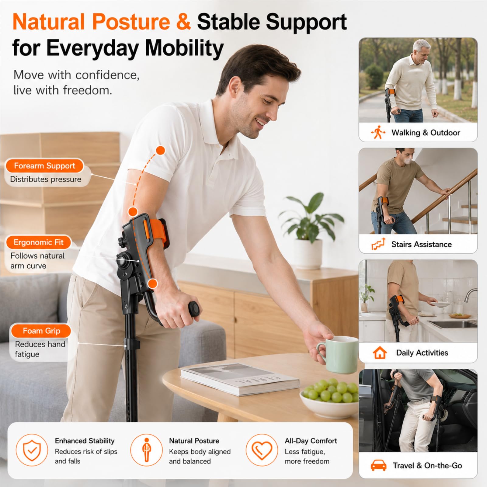 Muletas de antebrazo Ajustables para Adultos - Muletas de Caminar Plegables Ligeras con Soporte de Brazo ergonómico y Base de trípode Estable para la recuperación y la Movilidad Diaria