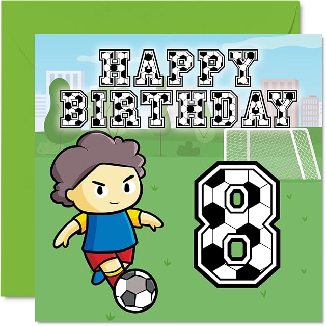 8th Birthday Card Boy - Football Fan - Happy Birthday Card 8 Year Old Boy, Boys Birthday Cards for Him, 145mm x 145mm Greeting Card for Son, Brother, Grandson, Nephew, Cousin, Eighth Birthday