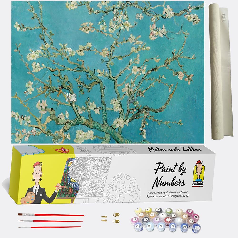 Pintar por números para Adultos Van Gogh Flores de Almendra – Pintura para Pintar por números con Pinceles y Colores Brillantes - Cuadro de Lienzo con numeros pre Dibujado fácil de Pintar – Van Gogh