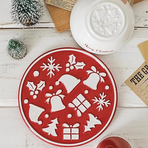 Miniatura 4 de Senliart Juego de vajilla de Navidad, juego de tazas y platos de cerámica de Papá Noel, platos y cuencos de Navidad, juego de vajilla roja, plato de