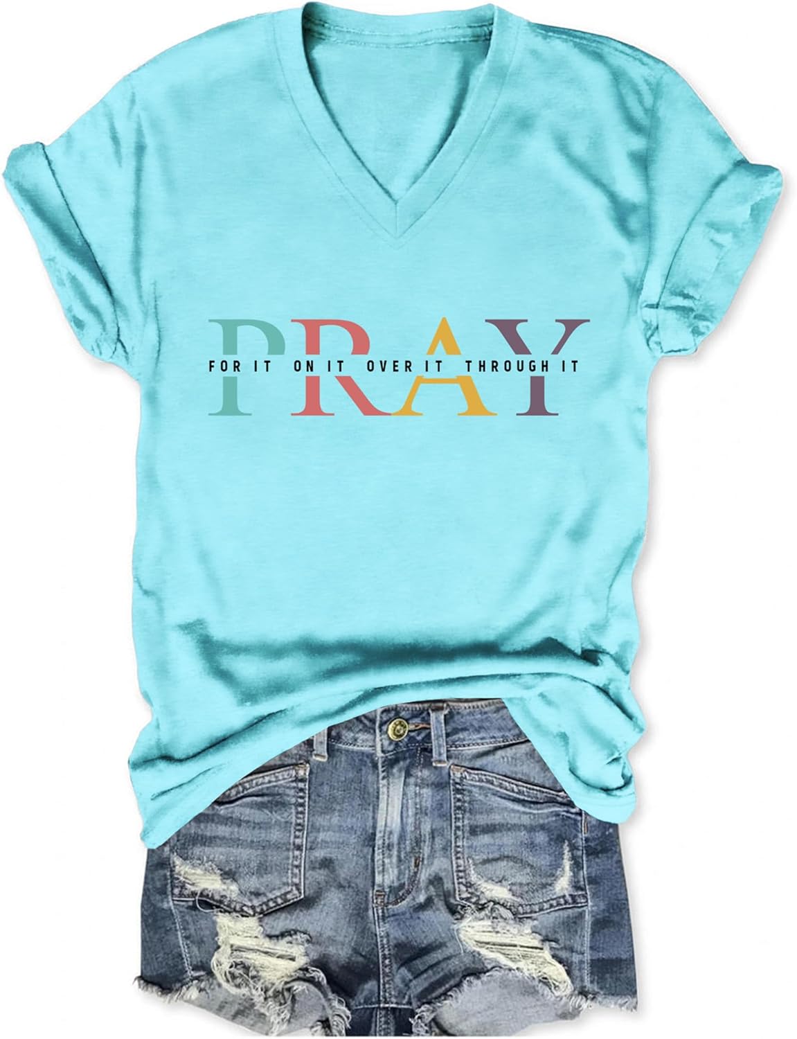 GOJEIOU Christian Tshirts for Women Pray On It Pray Over It Pray Through It Shirt V Neck Faith T Shirts Soft Cotton Tops