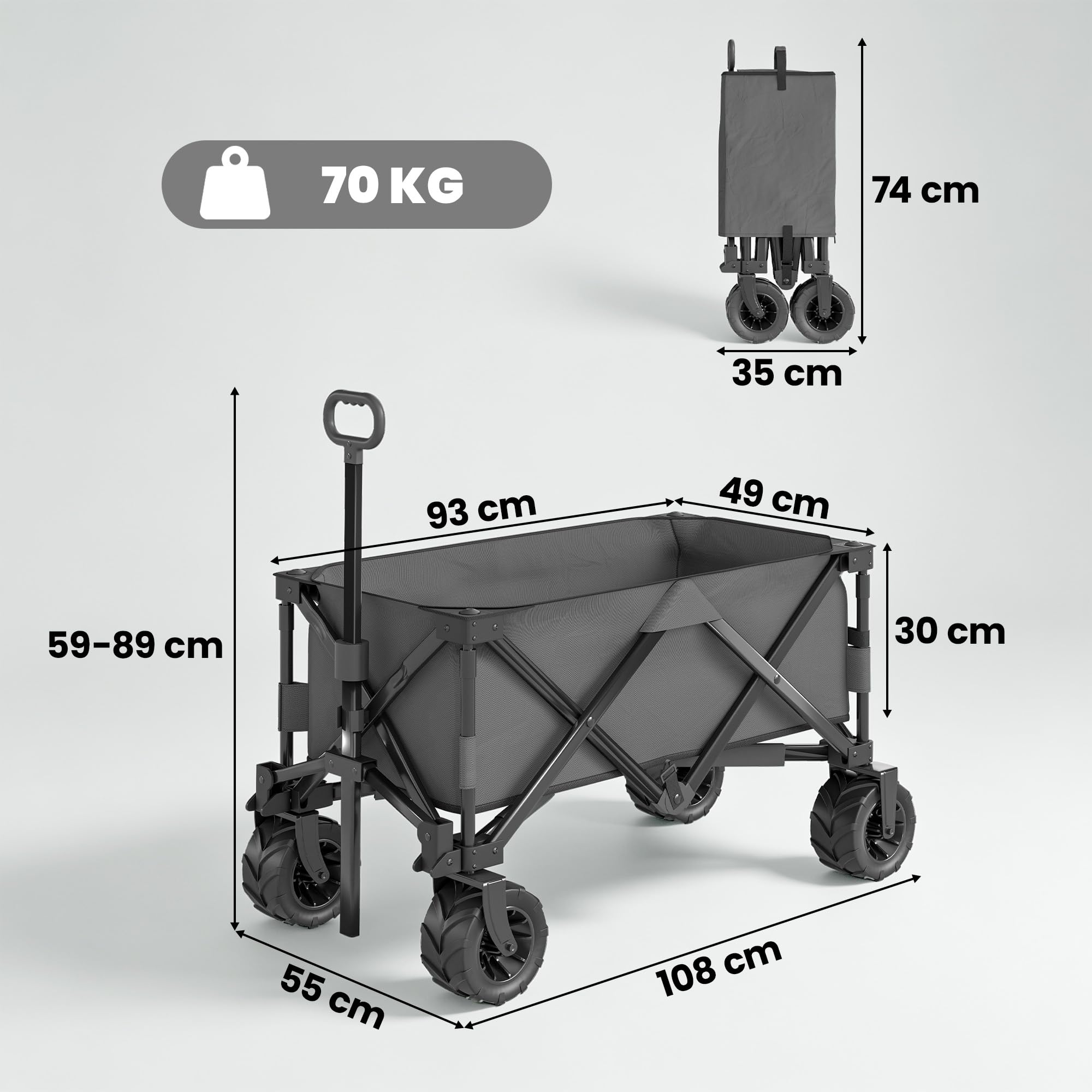Outsunny Carro Playa Ruedas Grandes con Freno, Carrito de Jardín Plegable con Altura del Manillar Ajustable, Ruedas Giratorias 360°, para Terraza, Patio, Campaña, Compra al Aire Libre, Gris Oscuro