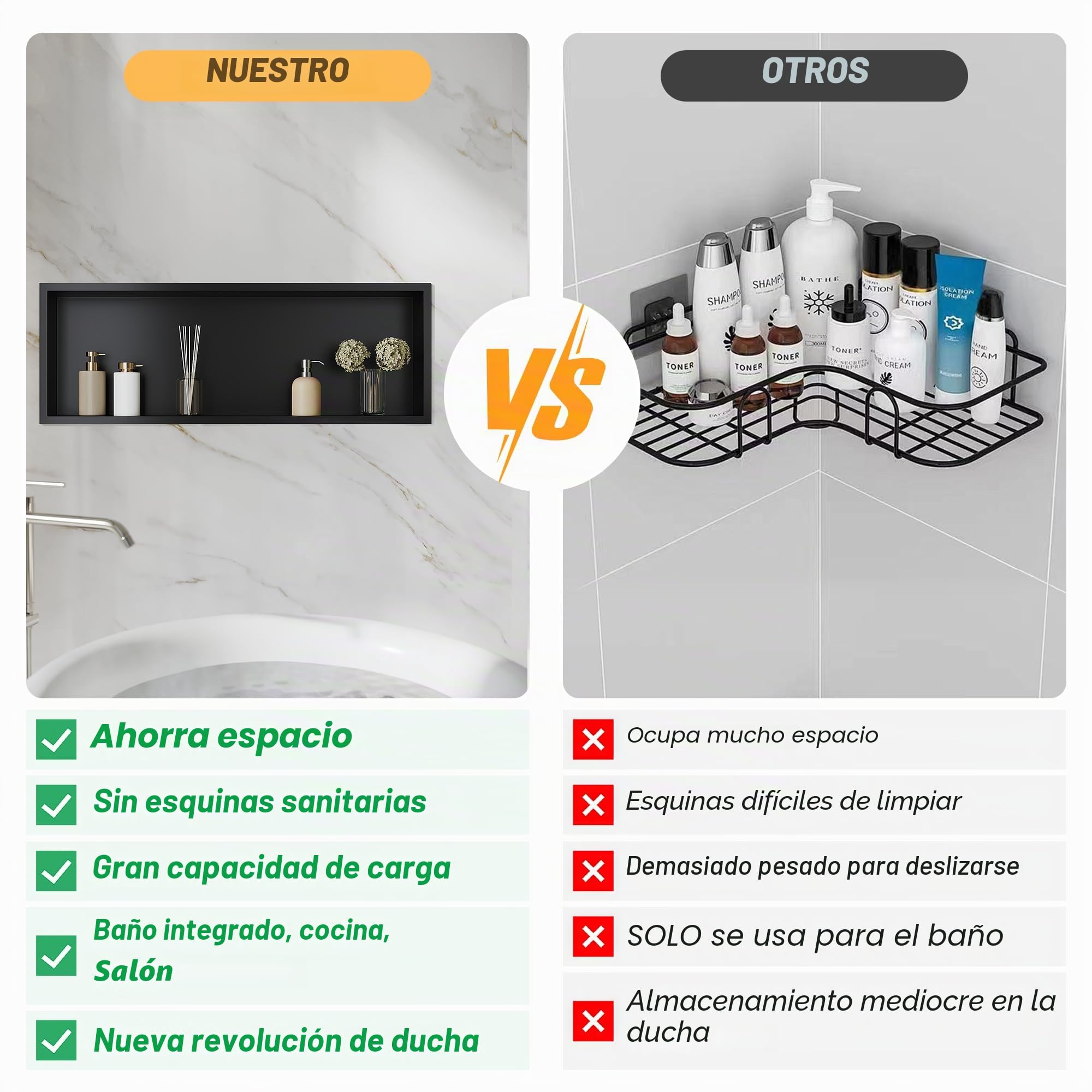 Sonni - Ducha de acero inoxidable, ducha empotrada, estante de almacenamiento individual para baño, impermeable, no requiere azulejos, 90 x 30 x 10 cm, negro, GNF90