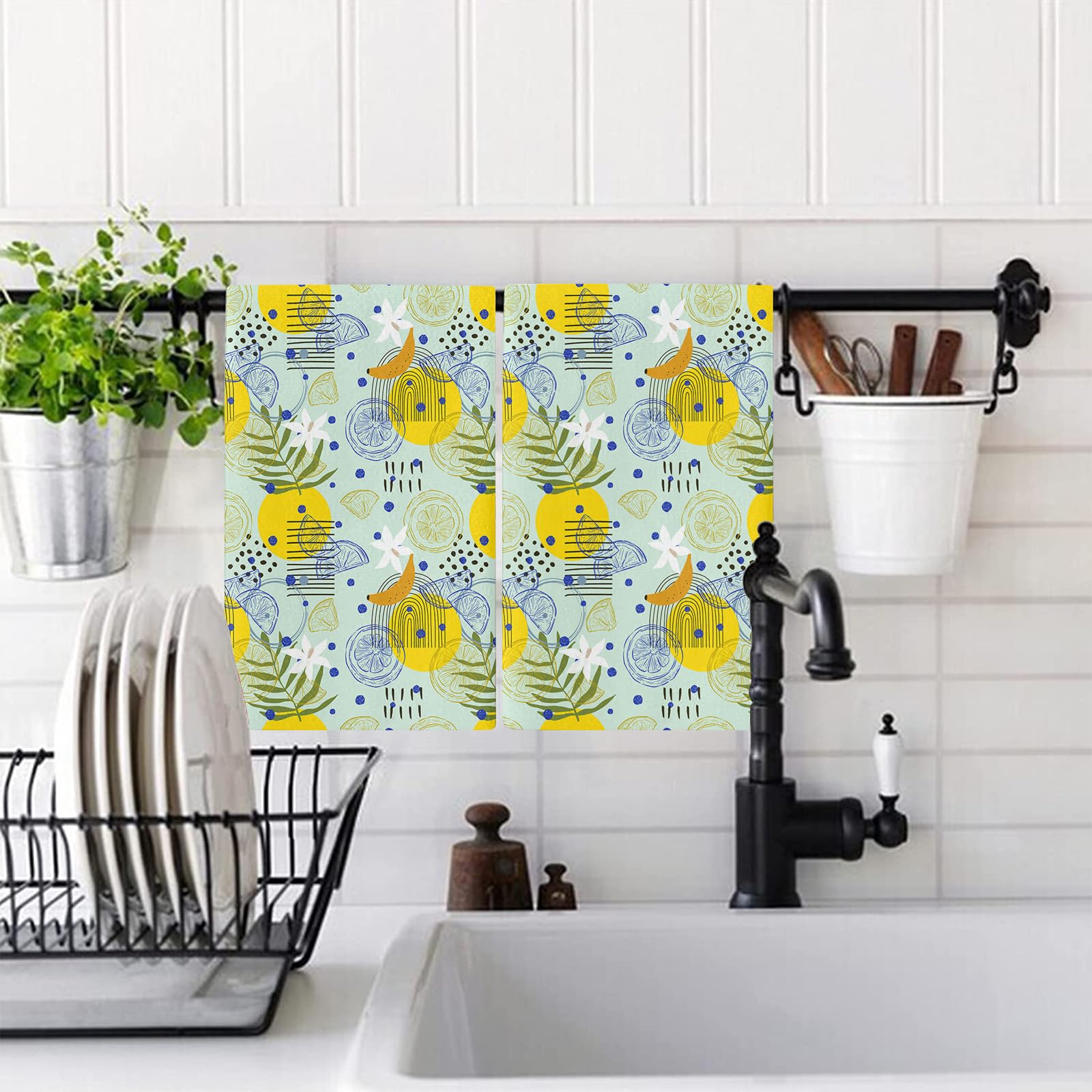 Trapos Cocina Limón Verde De Hoja Paños de Cocina Microfibra Paños Cocina Suaves Lavable Toallas Reutilizables Absorbentes Baño Pañuelo de Mano Trapos de Cocina 2 Piezas (44x74 cm)