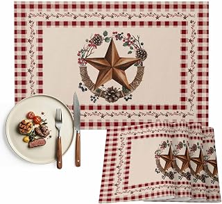 Placemats Set of 4,Western Star Country Berry Wreath Washable Non-Slip Place Mats,Red Buffalo Plaid Kitchen Dining Placemat for Indoor Outdoor Party Tables Decor,13x19inch