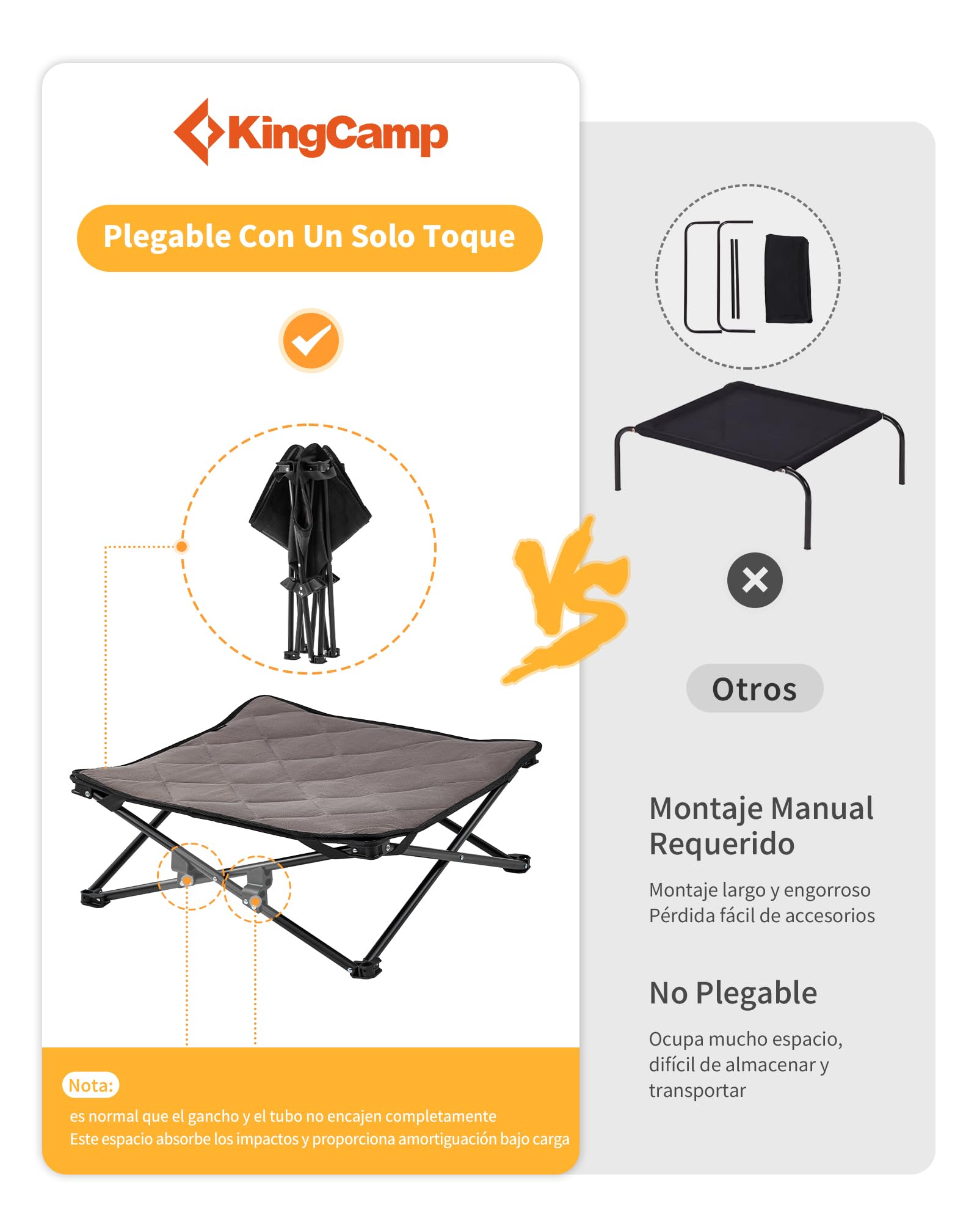 KingCamp Cama Elevada para Perros con Alfombrilla de Ante Extraíble, Cama Elevada Plegable Portátil de Camping para Perro Gatos Mascotas, en Textilene Transpirable, para Exterior Jardín, 57x57x23cm