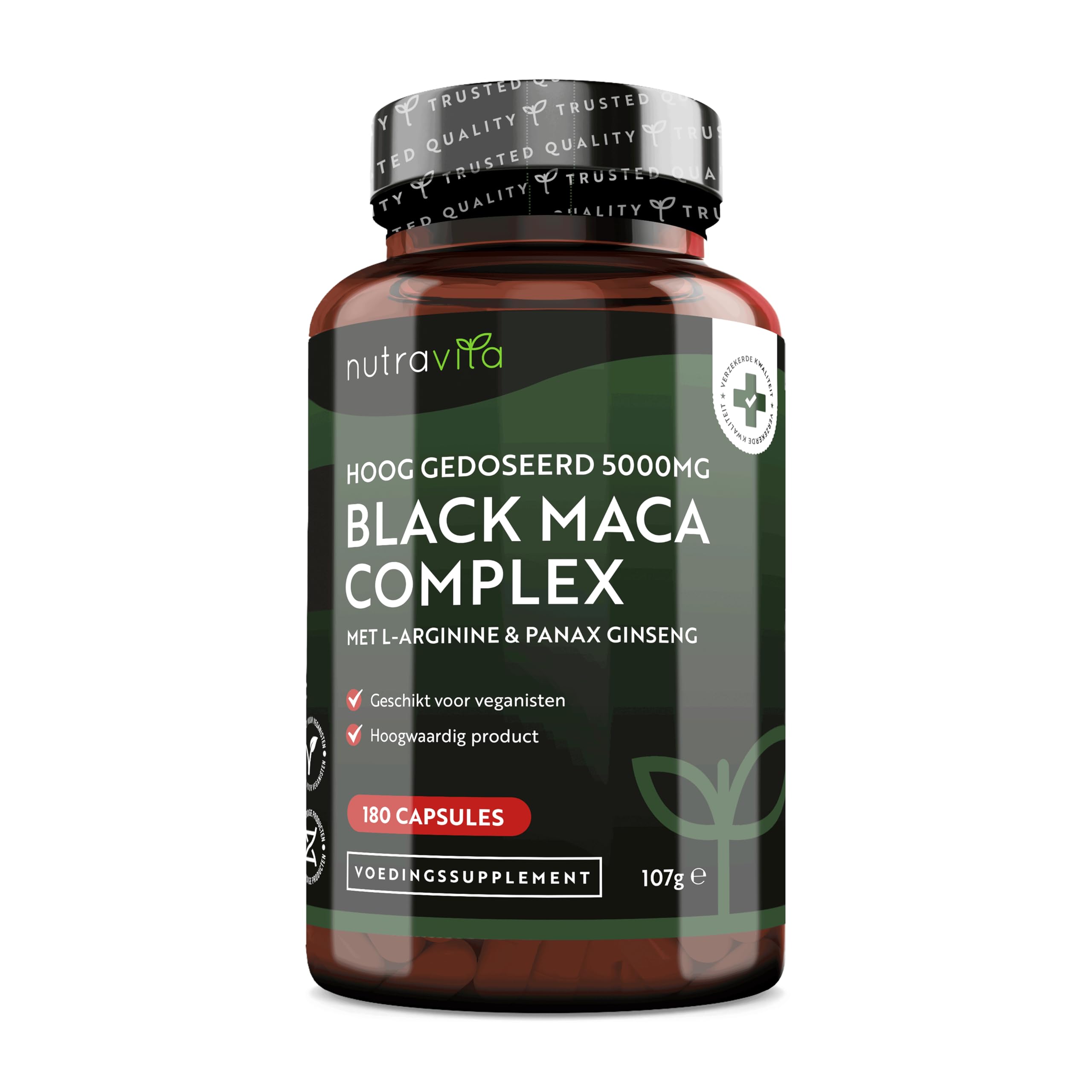 Black Maca Root Complex 5000mg - 180 Vegan Capsules - Super High Strength Black Maca Complex with L-Arginine and Panax Ginseng - 6 Month Supply - Made in The UK by Nutravita