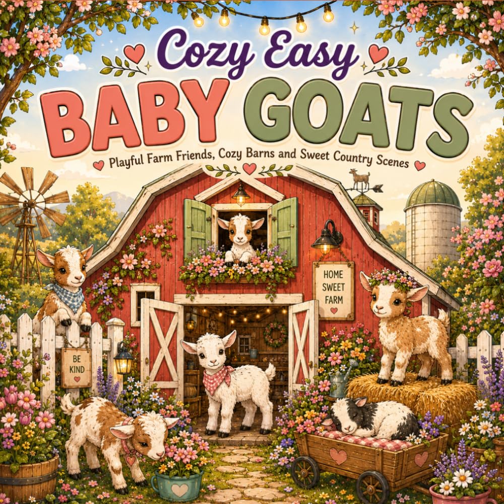 Cozy Easy Baby Goats: Playful Farm Friends, Cozy Barns and Sweet Country Scenes to Color and Relax