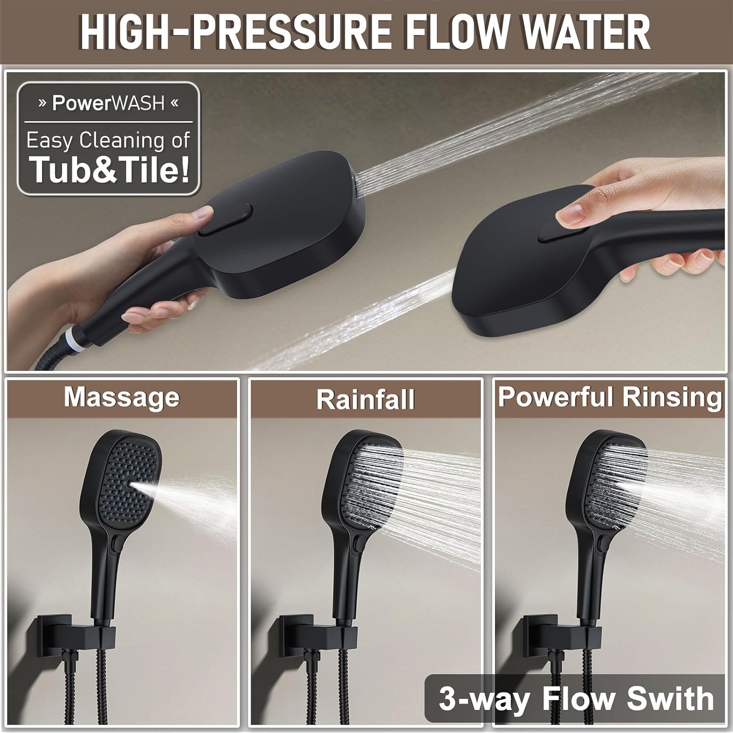 Shower Faucet Set Matte Black Shower System, Push Button Diverter 3-Way Shower Valve Kit, Wall Mount 12 Inch Overhead Shower Head with 6 Inch Side Spray Shower Head, 4 Modes Flow Handheld Shower