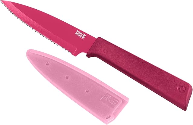 KUHN RIKON Colori+ Non-Stick Serrated Paring Knife with Safety Sheath, 19 cm, Fuchsia 24222