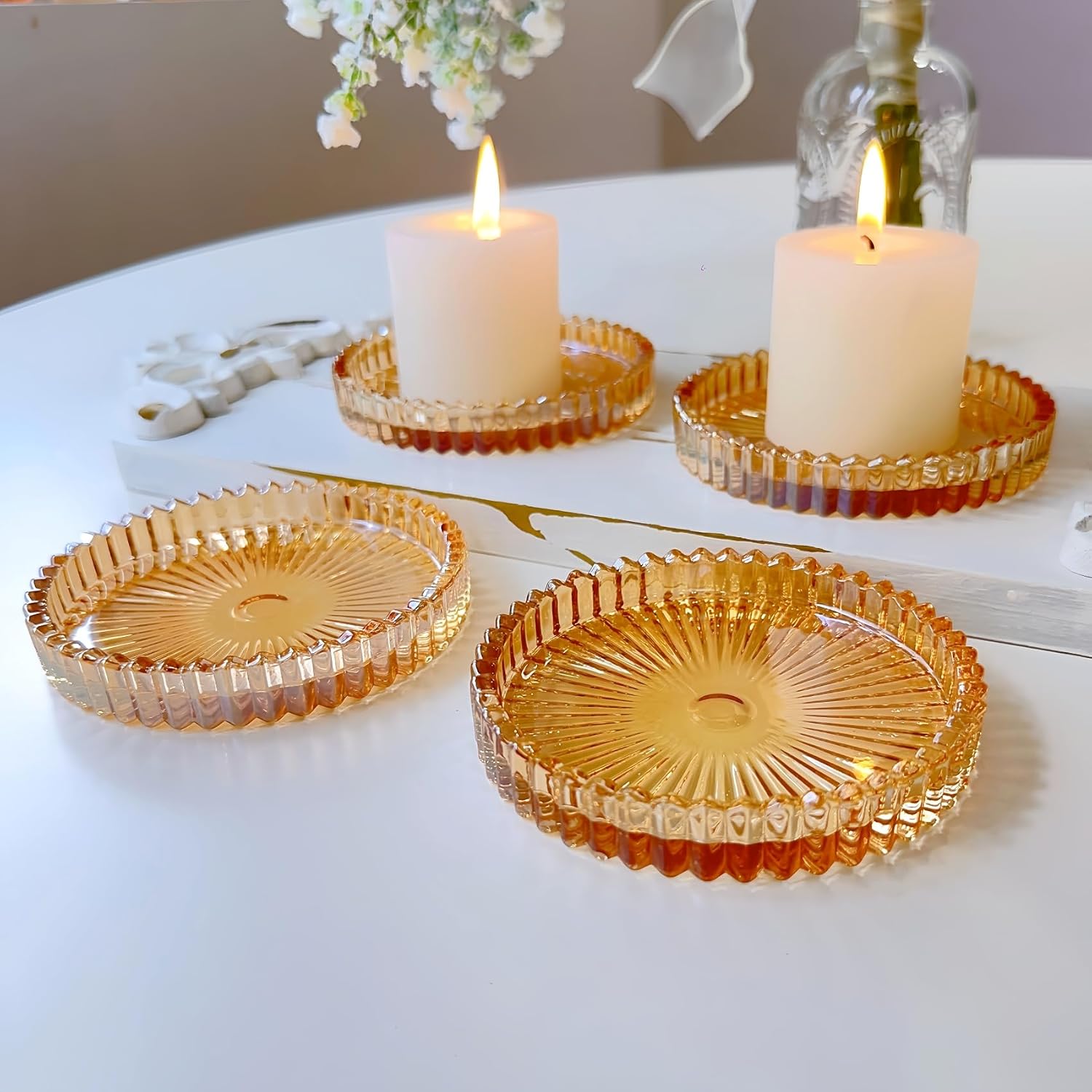 3.8 Inch Amber Glass Pillar Candle Holder Plates Set of 2 Coaster Holder Round Candle Stand for Table Centerpieces, Wedding,Party,and Home Decor