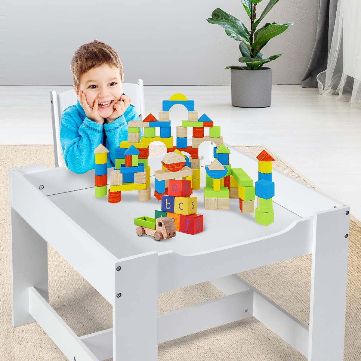 Costzon Kids Table and Chair Set, 3 in 1 Wooden Activity Table with ...