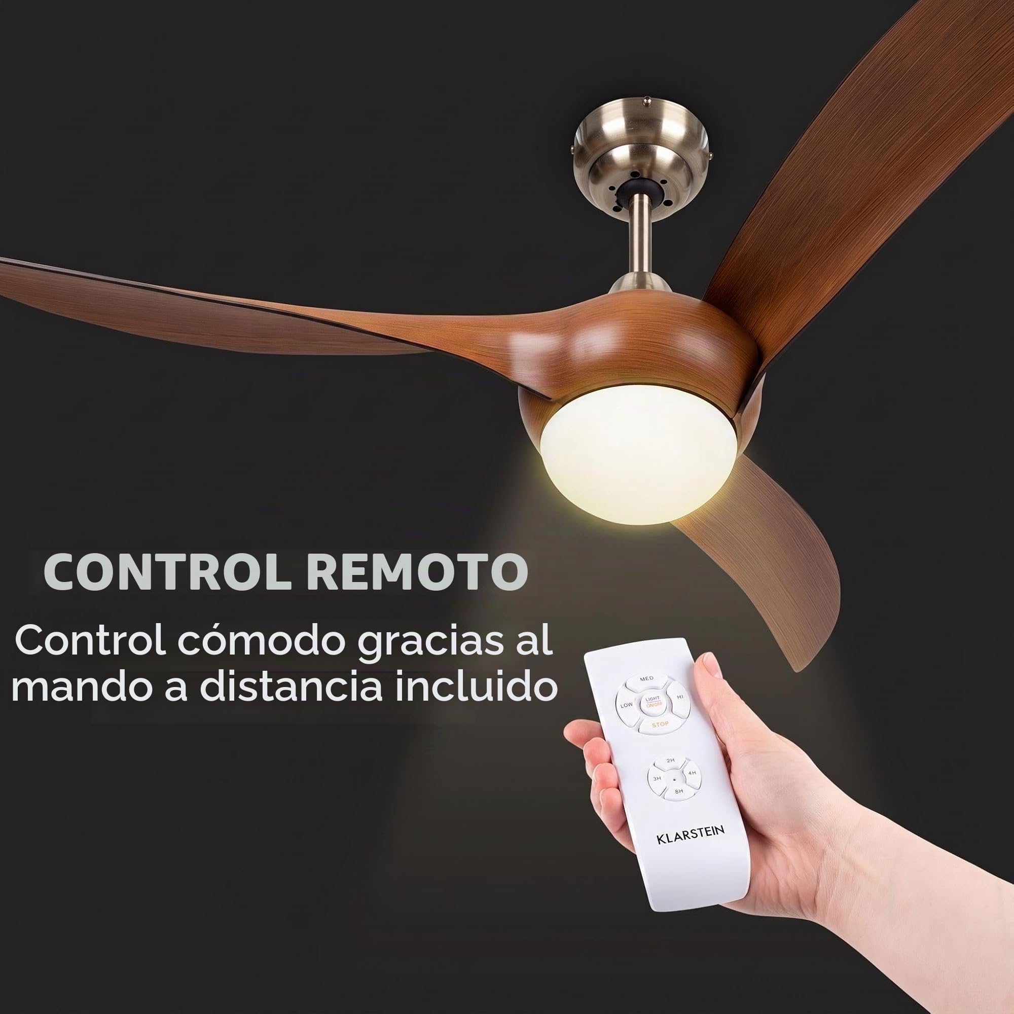 KLARSTEIN Monteverde ventilador de techo, 2 en 1: Ventilador y lámpara de techo, 52" (132 cm) de diámetro, 3 aspas de plástico, caudal: 8.376 m³/h, programable, Nogal