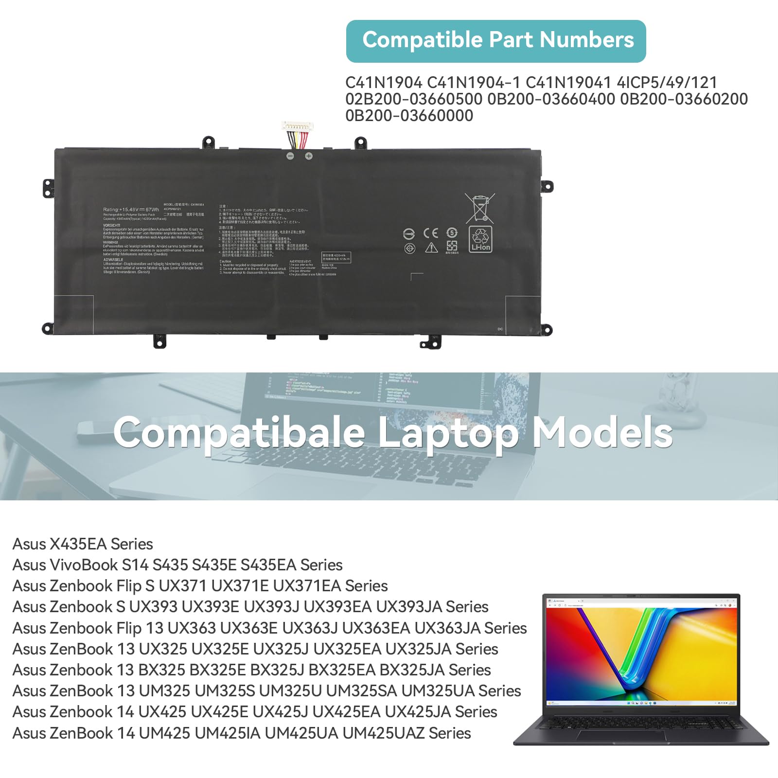 C41N1904 Laptop Batería para ASUS Zenbook Flip 13 14 UX363EA UX363JA UX393EA UX393JA UX325EA UX325JA UX425EA UX425JA UM425IA X435EA BX325EA BX325JA UM325SA UM325UA S UX371EA VivoBook S14 S435 S435EA