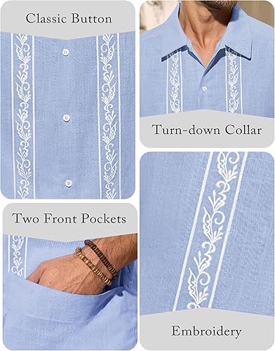 Miniatura 2 de Camisa de guayabera cubana para hombre, de algodón, lino, manga corta, informal, hippie, con botones, con bolsillo