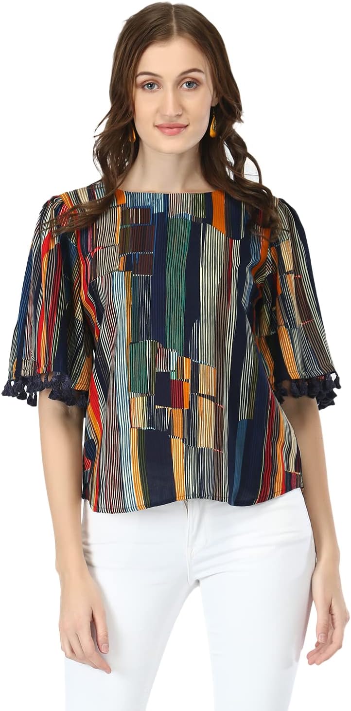 DHRUVI Trendz Women's Rayon Block Print Regular Fit Top